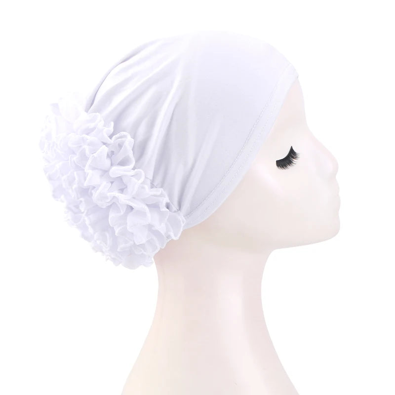 New breathable chiffon hat with large flowers Solid color thin bottom cap Islamic Head Wrap Women's elastic anti hair loss hat