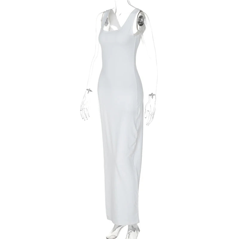 Sexy Sleeveless Side High Split Midi Dress Backless Women's Summer Party Club Streetwear Y2K Style Solid Color