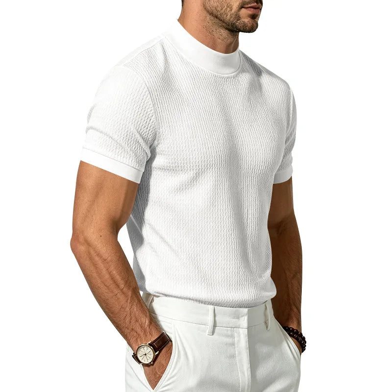 Men Summer Solid Jacquard Textured Mock Neck Short Sleeve T Shirt Slim Fit Simple Versatile Casual Daily Male Basic Tees