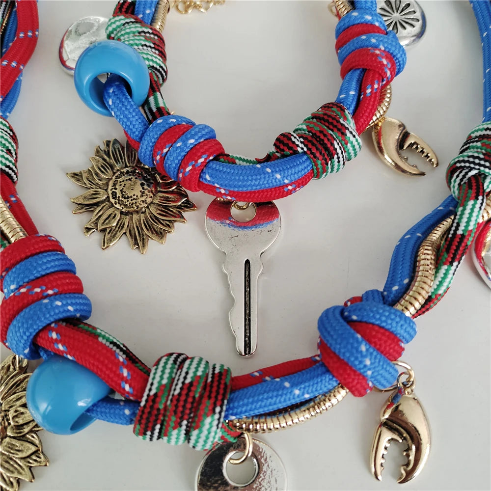 Fashion Trend Retro Sun Key Pendants Hand Woven Rope Choker Necklace Women Indian Ethnic Vintage Statement Necklace Lady Jewelry