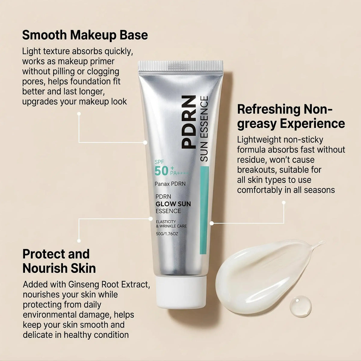 SPF 50 PDRN Facial Sunscreen Essence Broad Spectrum UV Defense Waterproof Moisturizing Refreshing Non Sticky Daily Face Sun Care