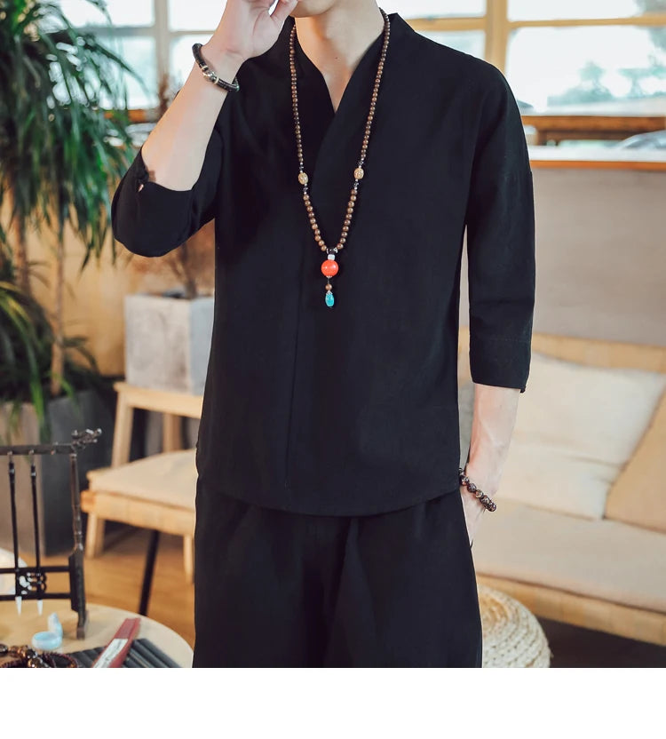 Summer Kimono Japanese Style Short Sleeve Men New Half-sleeved Cotton Linen Breathable Men Clothing T-shirt Japanese Yukata Tops