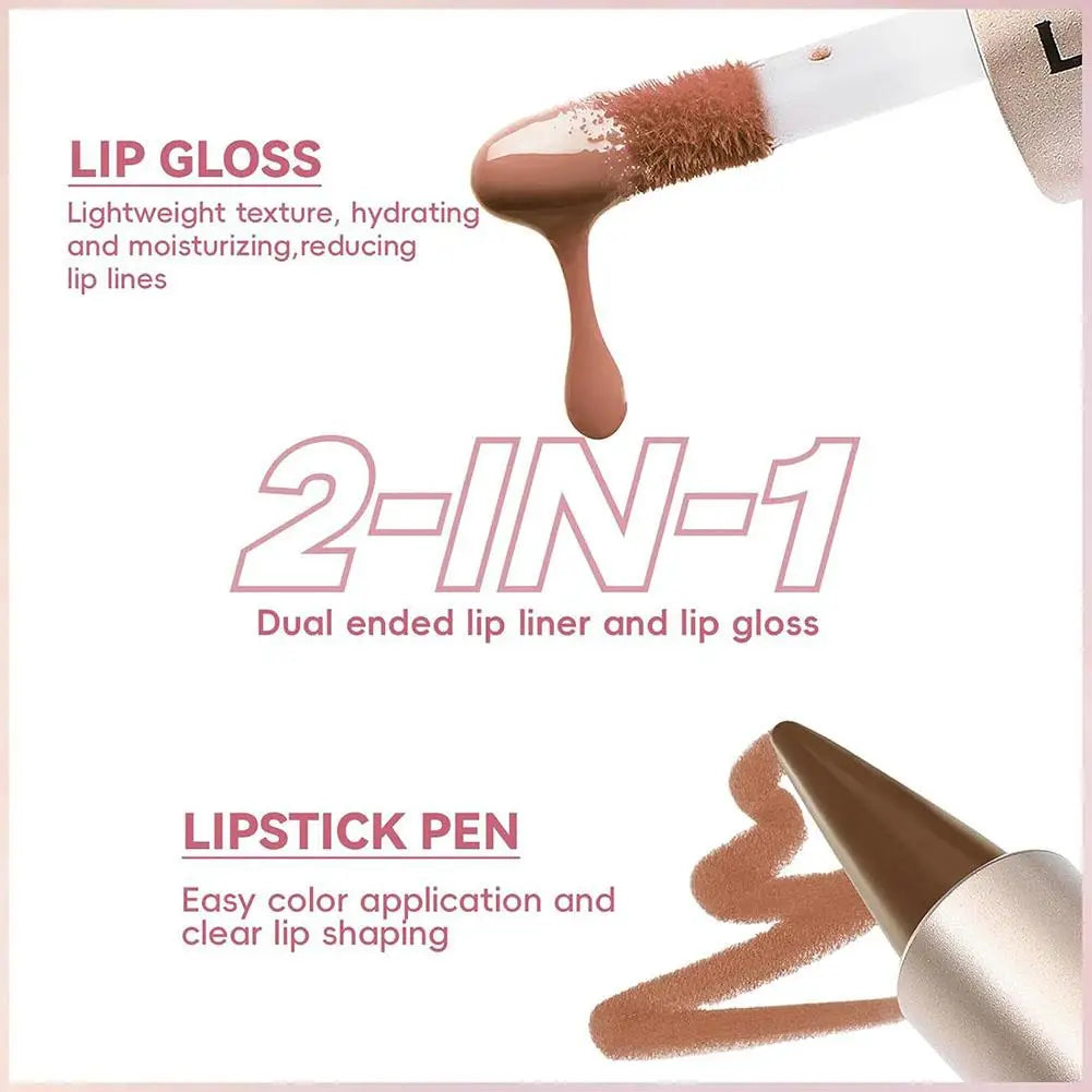 Waterproof Contour Non Stick Makeup Double-headed Matte Mirror Design Lip Glaze Nude Brown 2-in-1 Tapered Gradient Lip Liner Pen