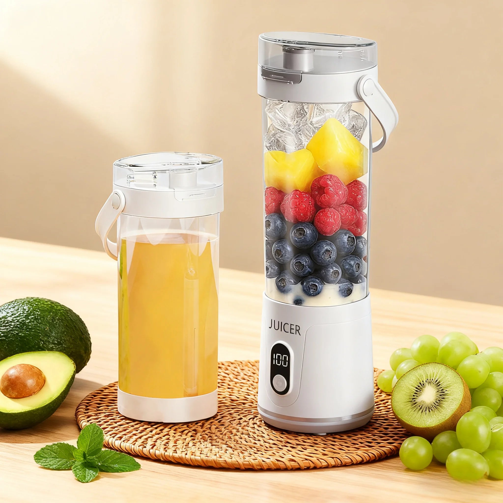 Portable Blender,2 IN 1 Electric Juicer Bottle for Fresh Juice,600ML BPA Free Traveling Juicer Cup and Lid with 12 Blades,Mini B