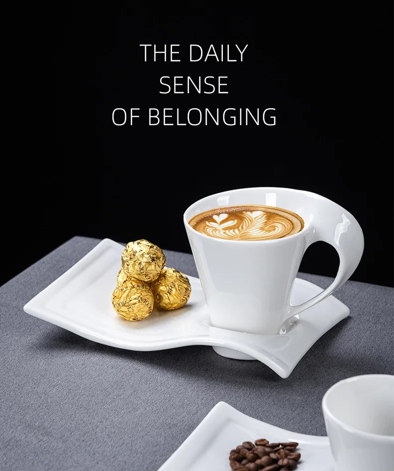 European Ceramic CoffeeCups Set with Wave Shape Plate 80 100 180 and 280ml Modern Minimalist White Cappuccino Latte Dessert Dish