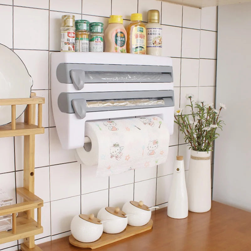 Kitchen Cling Film Tissue Holder Sliding Knife Cutter Aluminum Foil Barbecue Paper Cutting Box Household Towel Storage Racks