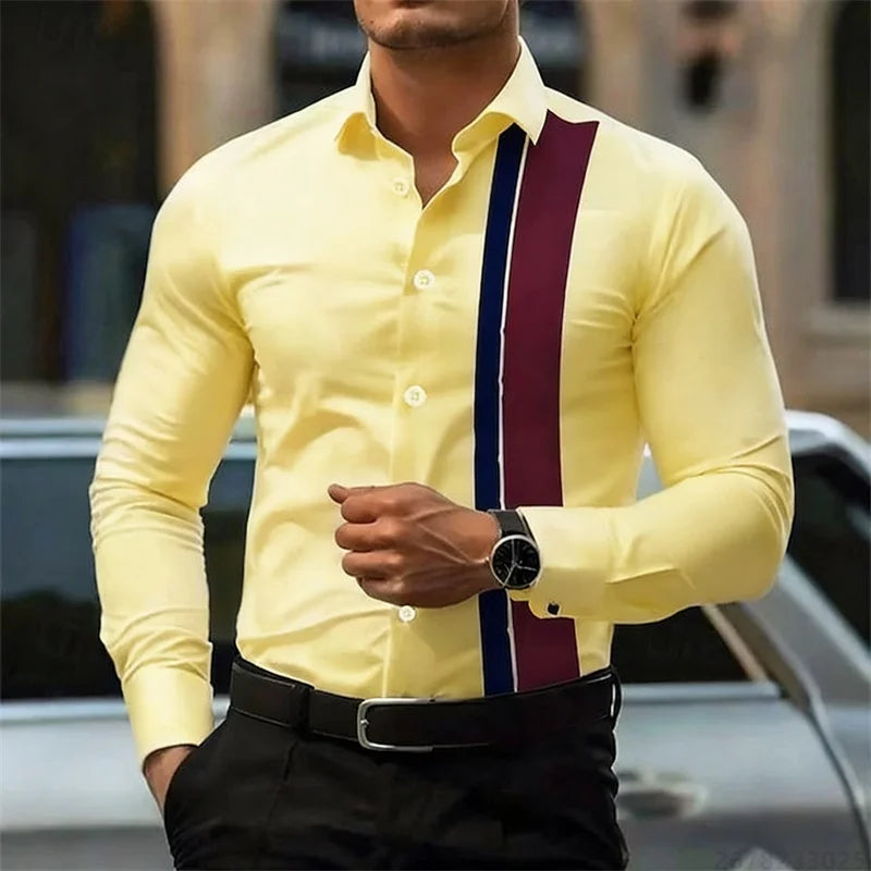 Men's fashionable contrast color striped long sleeve shirt European and American style business casual trendy casual men's shirt