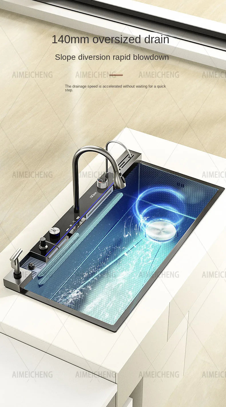 Hot Selling Stainless Steel Waterfall Kitchen Sink With Knife Holder Digital Display Faucet Set Embossed Extra Large Single Slot