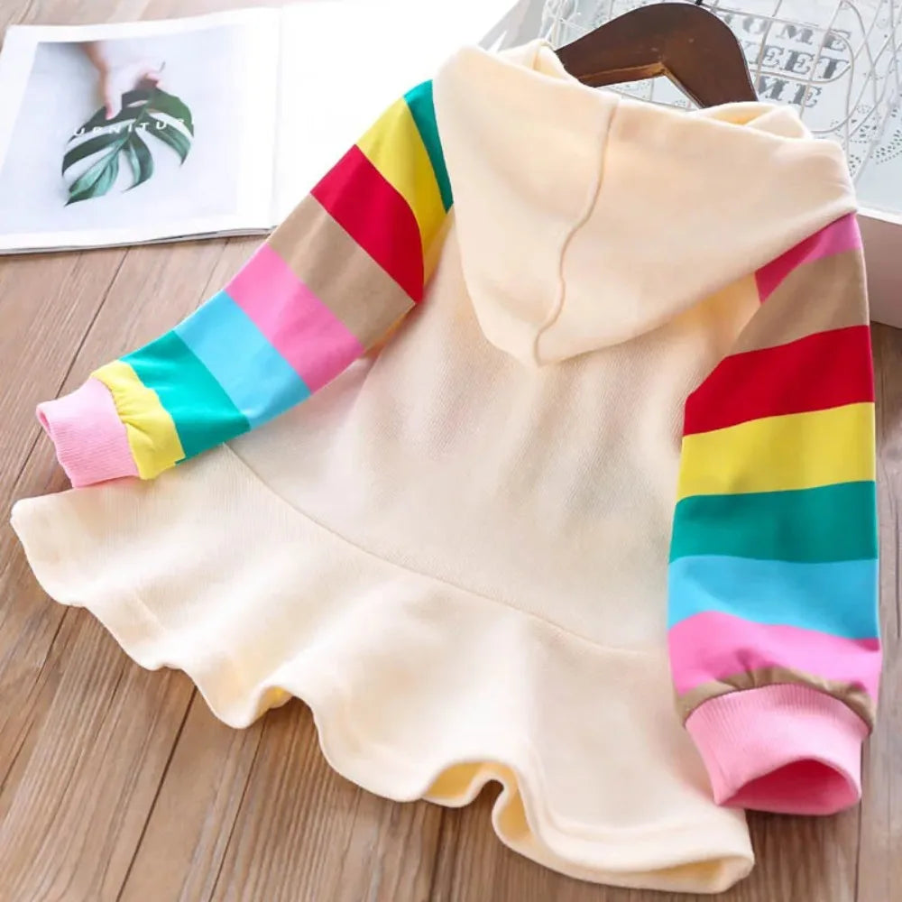 Bear Leader Autumn New Rainbow Printed Long Sleeve Hooded Dress Fashion Casual Sports Girls' Clothing Color Blocked Girls Dress