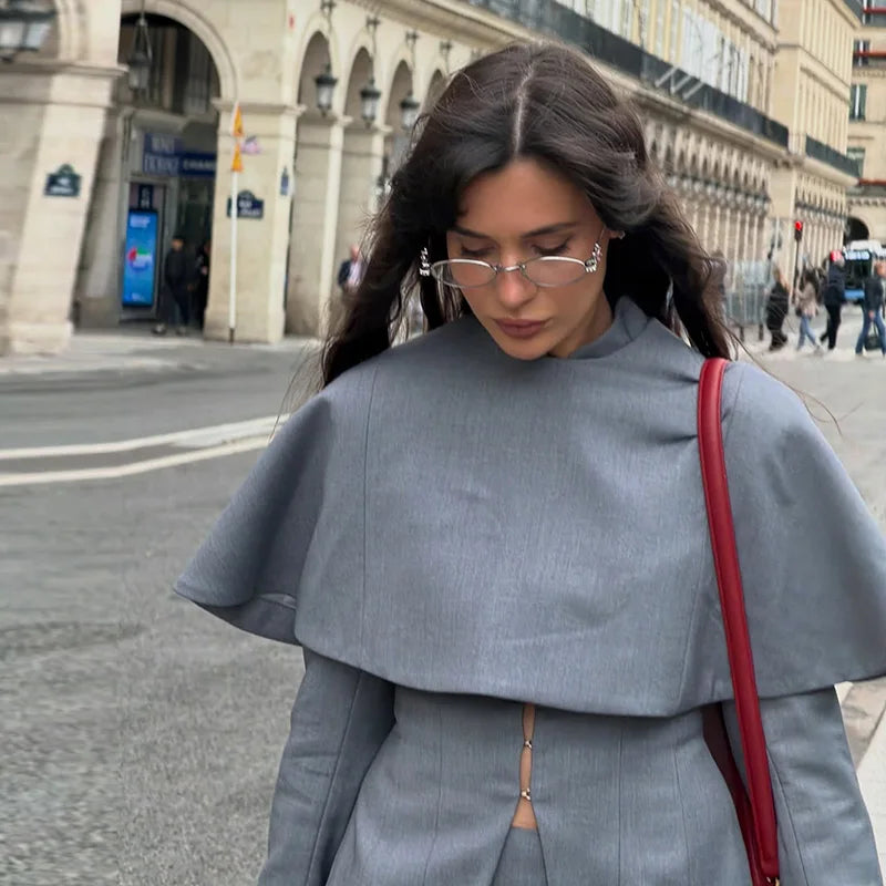 Women's Trench Style Midi Dress Stand Collar Cape Overlay Short Sleeve Belted Waist A‑Line Dresses Autumn Elegant Office Outfits