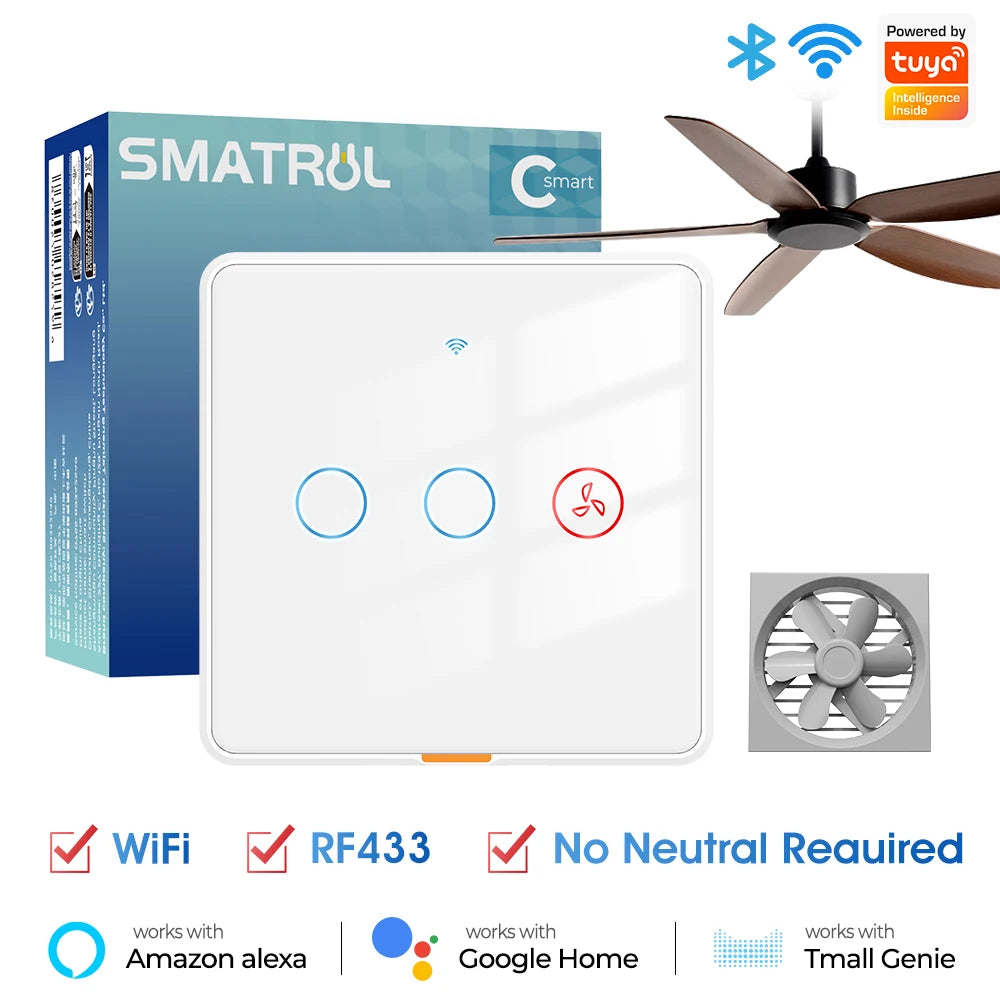 No Neutral Wire Tuya Smart WiFi RF433 Fan Ceiling Light Switch Timer Wall Glass Touch Switch Backlight Timing Control Voice