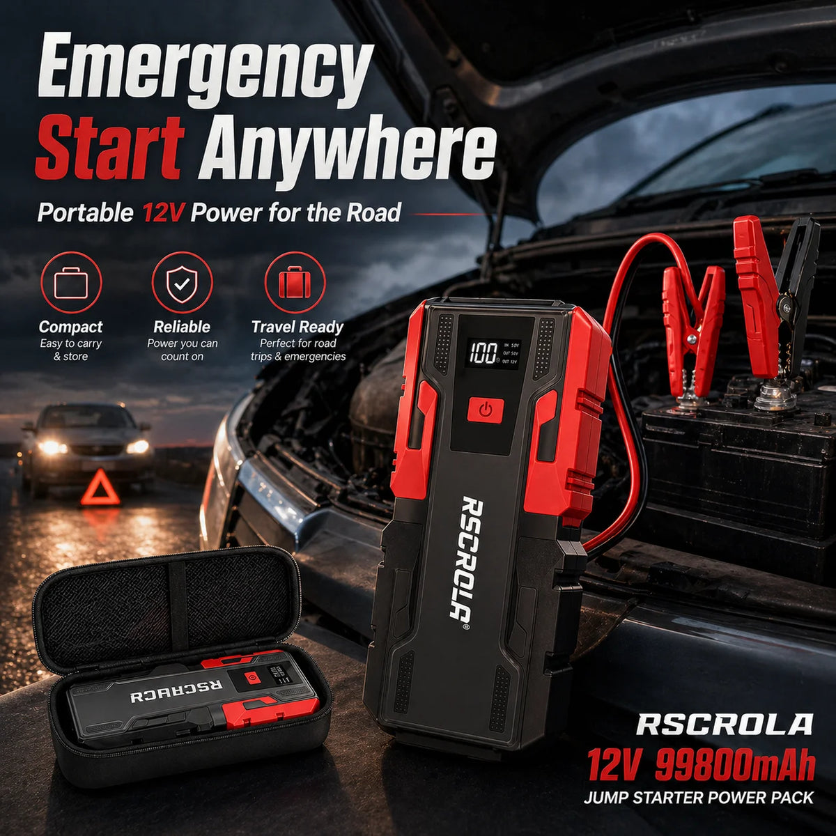 New 12V 99800mAh Portable Car Jump Starter Battery Booster Pack with Digital Display, Heavy-Duty Clamps & Carry Case