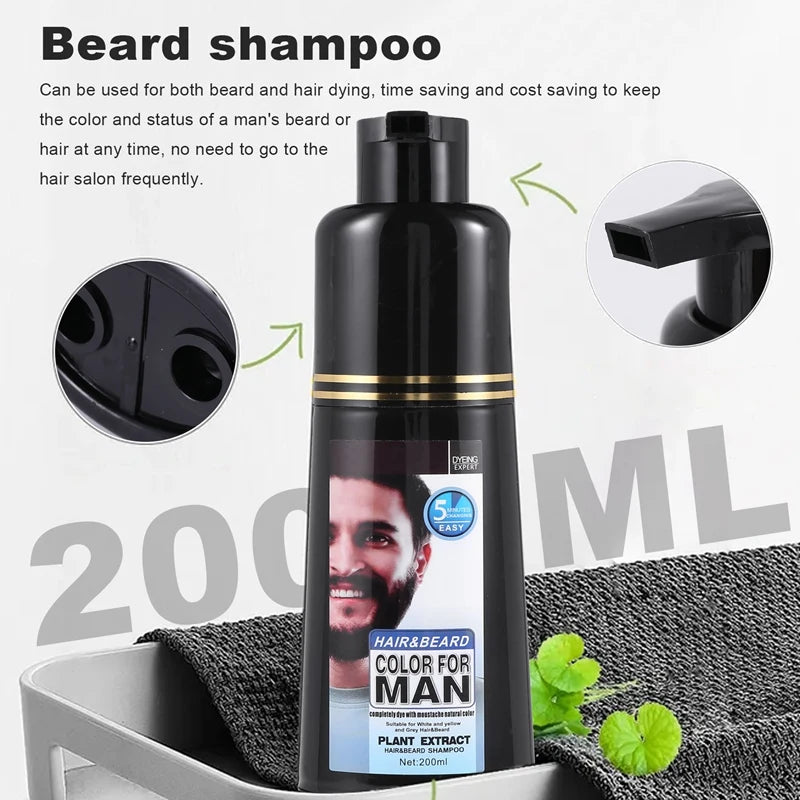 Permanent Beard Dye Shampoo for Men Beard Dying Removal White Grey Beard Hair Men Beard Shampoo 200ML-FABY