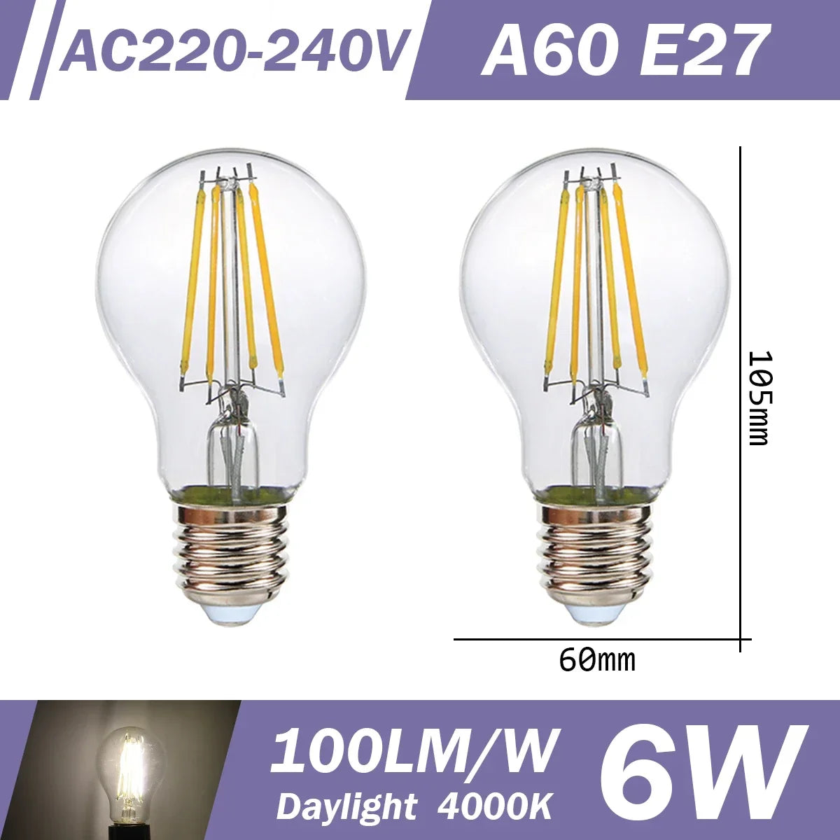 2PCS LED Filament Bulb E14 E27 C35 C35T ST64 G80 A60 220V 4W 9W Warm White Glass 360 Degree Edison Retro Candle Light Blubs