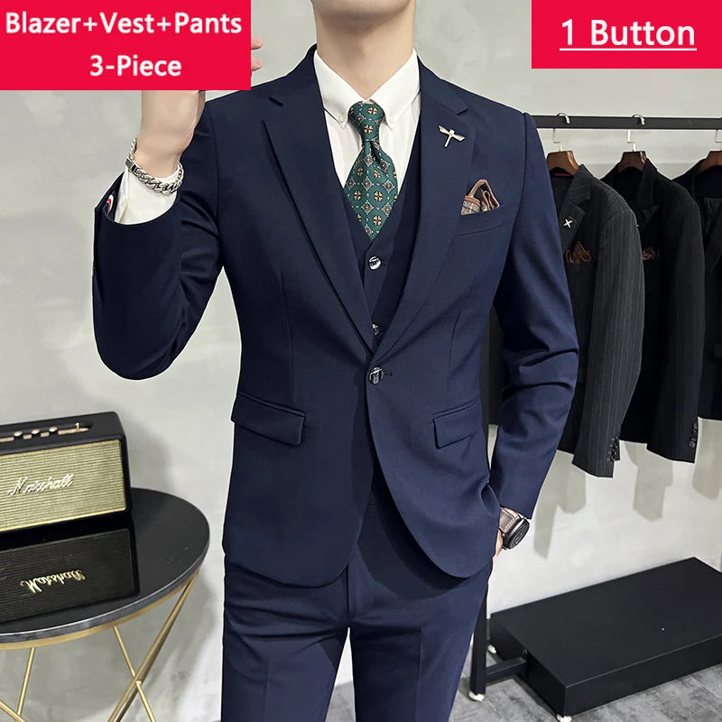 Blazer Vest Pants Men's Navy Blue Suit Set Slim Fit Blazer Vest Pants Formal Outfit for Business Wedding Office Groom Party