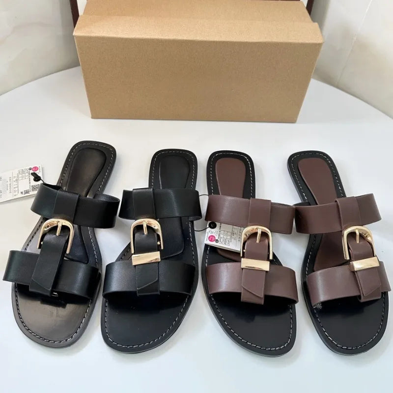 Summer Women Flat Slippers Sandals Fashion Metal Buckle Strap Open Toe Casual Beach Roman Shoes Ladies Zapatos De Muje