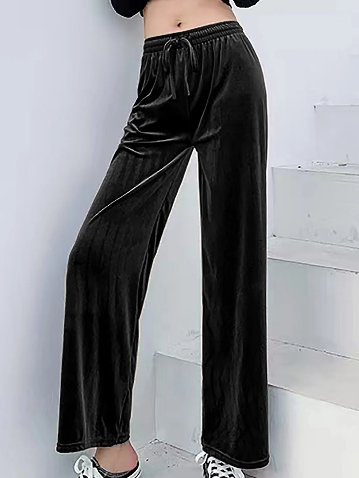 Casual Wide Leg Pants Loose Fit Japanese Korean Casual with Elegant Full Length Regular Thickness Flocked Autumn Women Pants
