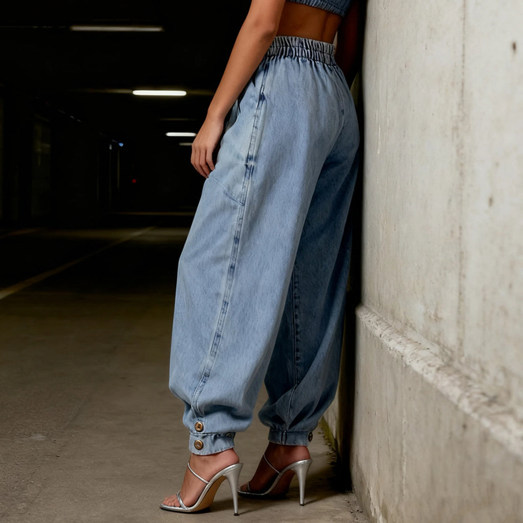 Women Y2k Loose Fit Denim Harem Long Pants Button Zipper High Waist Pleated Bloomers Wide Leg Baggy Trousers with Pockets