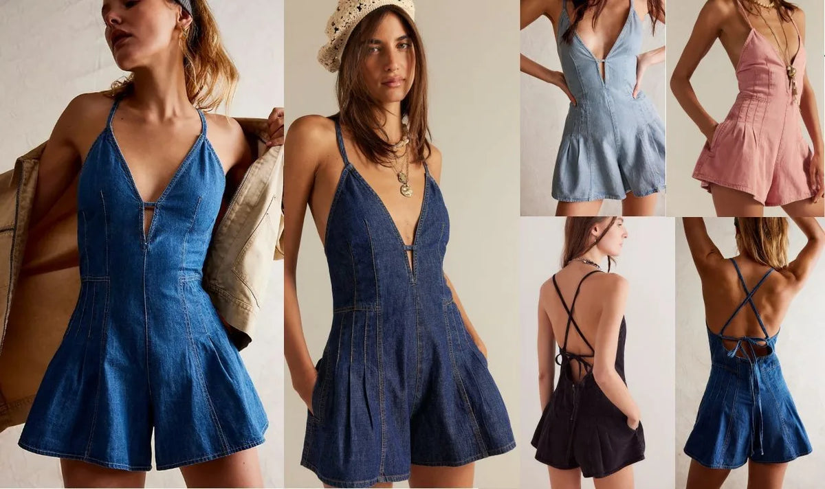 Light Rompers V Neck Sleeveless Jumpsuit Thin Straps Cross Back A Line Mini Length Denim Romper High Pleated Skirt