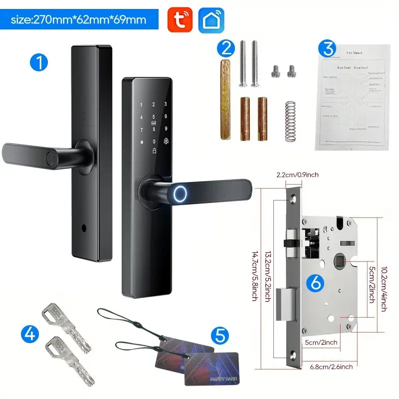Smartlock Fingerprint Biometrics Smart Electronic Door Locks Application Control Smart Card Key Entry and USB Emergency Charging