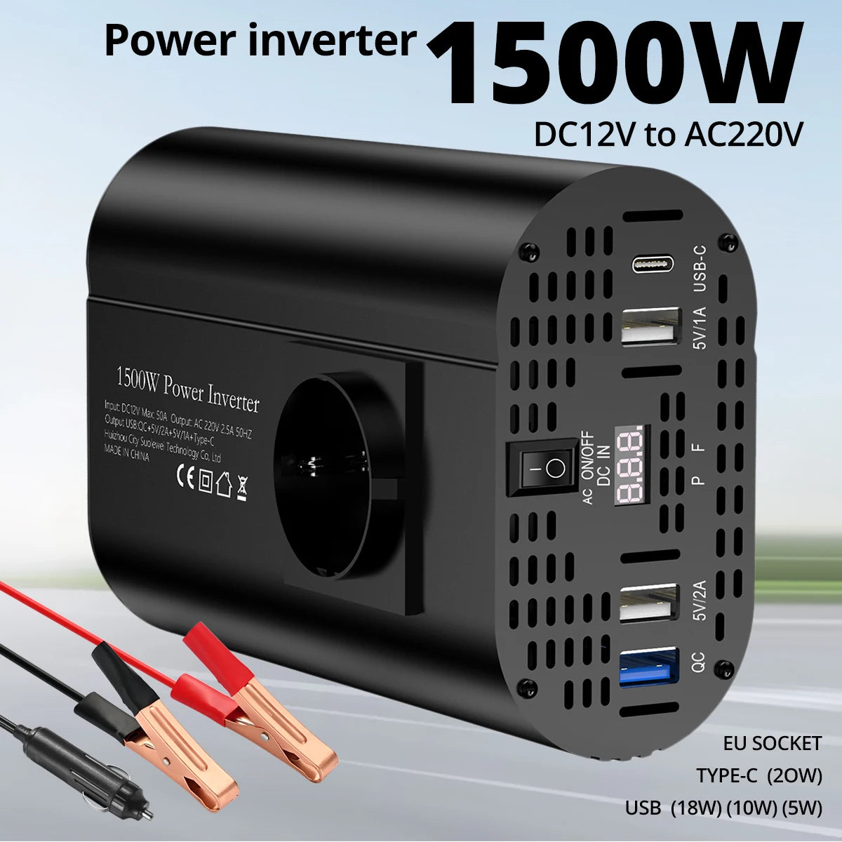 Inverter DC 12V to AC 220V 50HZ correction wave inverter solar car power 1500W voltage portable converter
