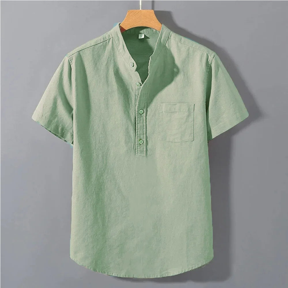 Men's Summer Solid Colour Short Sleeve Shirt Pocket Design Daily Casual Comfortable Breathable Cotton Linen Shirt Top