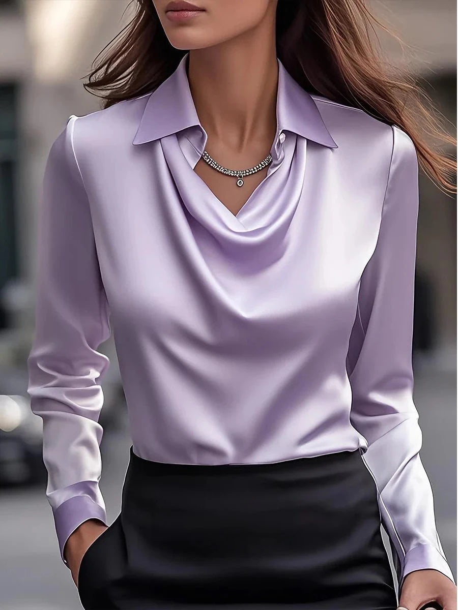Women Long Sleeve Lapel V Neck Satin Blouse Elegant Solid Loose Shirt Spring Summer Simple Chic Offce Lady Tops Fake Silk Shirt
