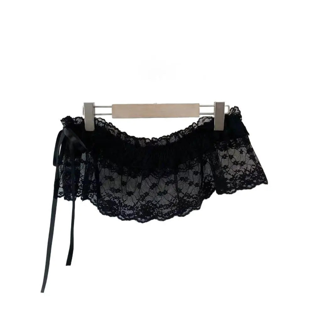 Polyester Embroidered Flower Lace Mini Skirt See Through Y2K Streetwear Ruched Skirts Harajuku Butt Curtain Jeans Decoration