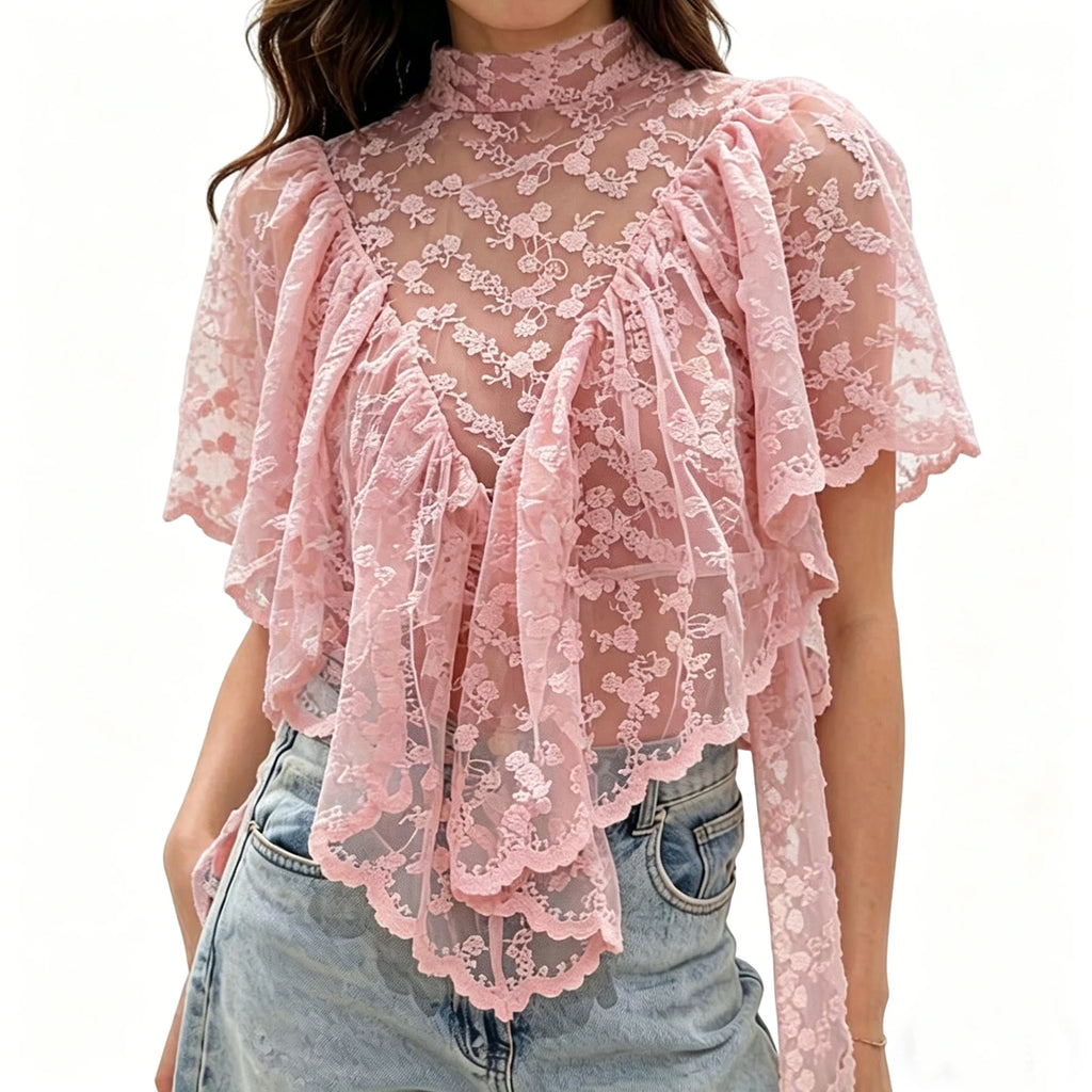 Women Summer Kawaii Grunge Lace Floral Embroidery T-Shirts Coquette Sexy Sheer Irregular Ruffles Flutter Sleeve Loose Shirts Top