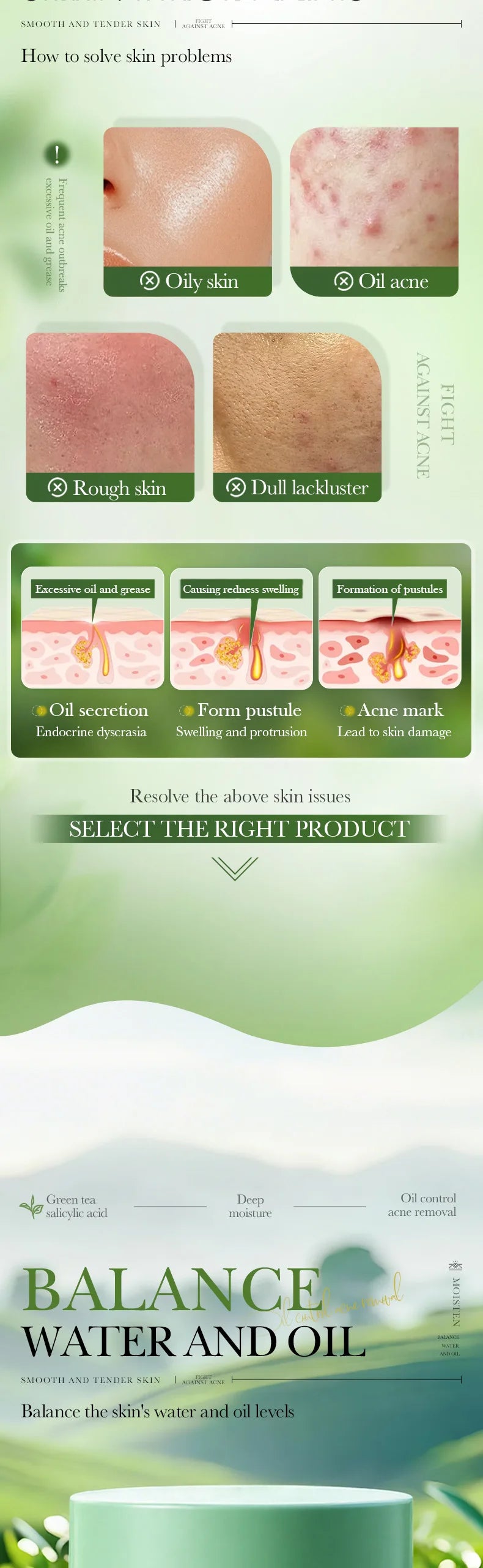 SADOER Green Tea Salicylic Acid Face Cream - Oil Control, Anti Acne, Water-Oil Balance & Deep Moisturizing for Smooth Skin