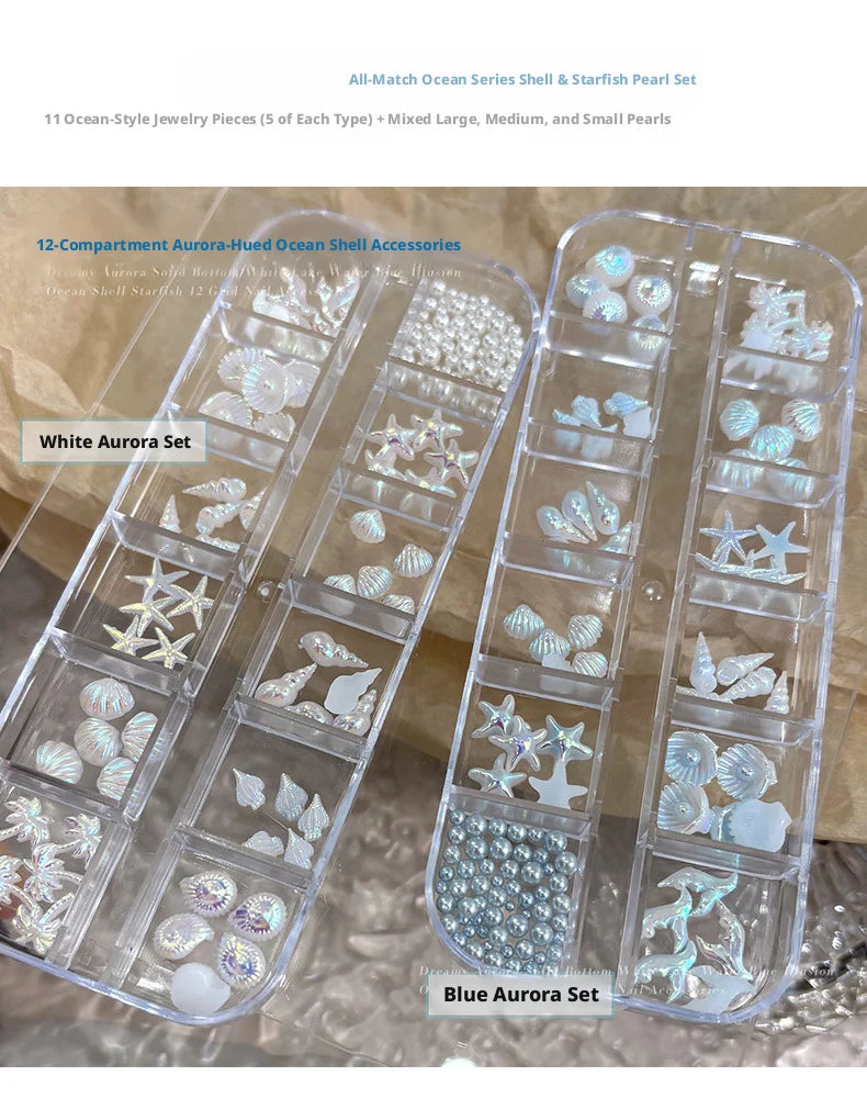 YYM 12 Grid Starfish Shell Nail Jewelry Set Box Conch Coconut Tree DIY Kit with Diamond Accessories for Nail Art