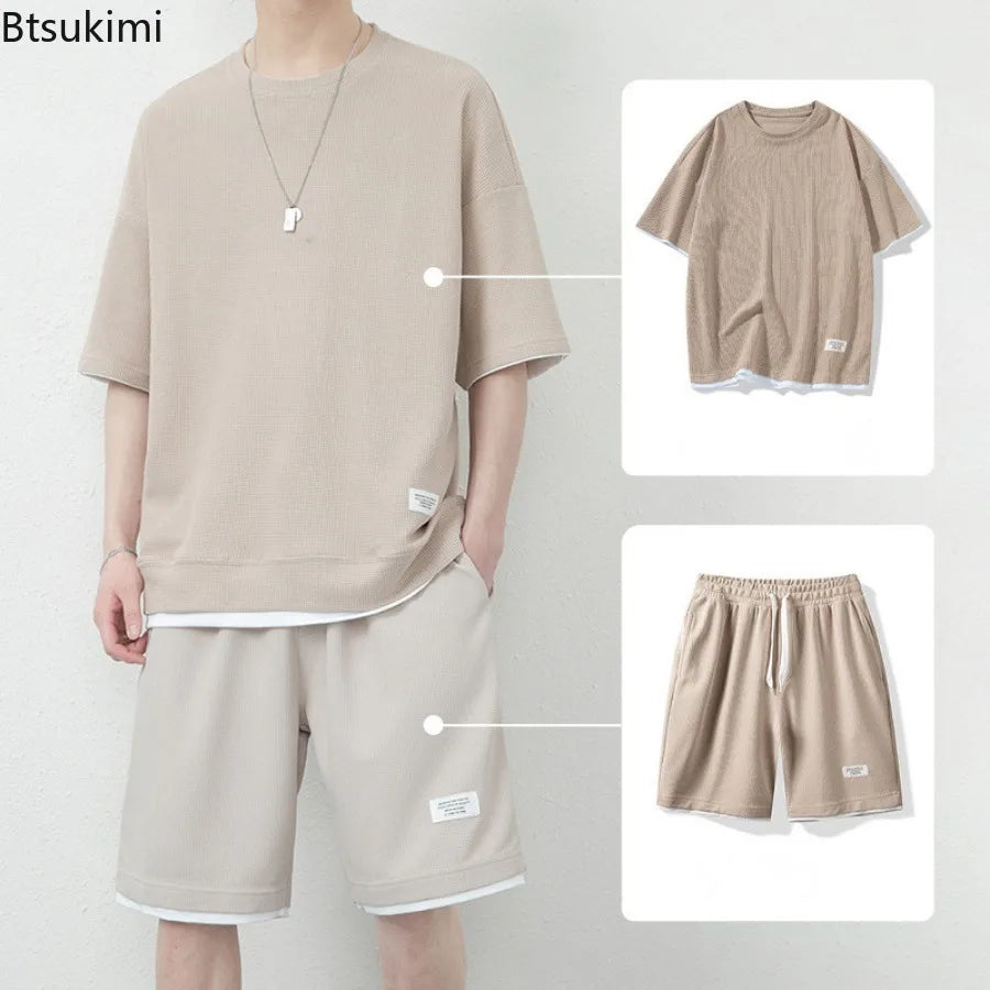 Summer Solid Waffle Tracksuits 2026 Men's Short Sleeve Shorts Casual Two Piece Sets Loose Breathable Men Clothes Joggers Outfits