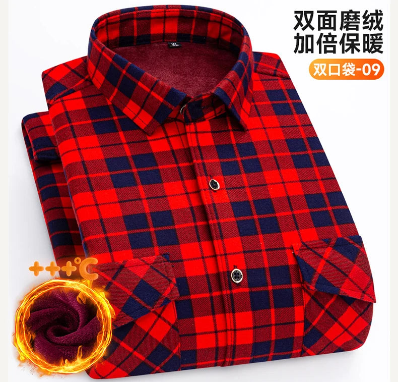 2025 Autumn Winter Men's Fashion Plaid Striped Print Shirts Double-sided Fleece Long Sleeve Thick Warm Shirts Soft Big Size 7XL