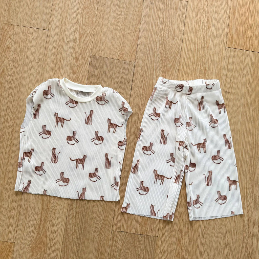 2026 New Infants Kids Matching Clothing Set Cartoon Print Pleated 2 Pieces Suit Tank Top Trousers Soft Loose Streetwear Homewear