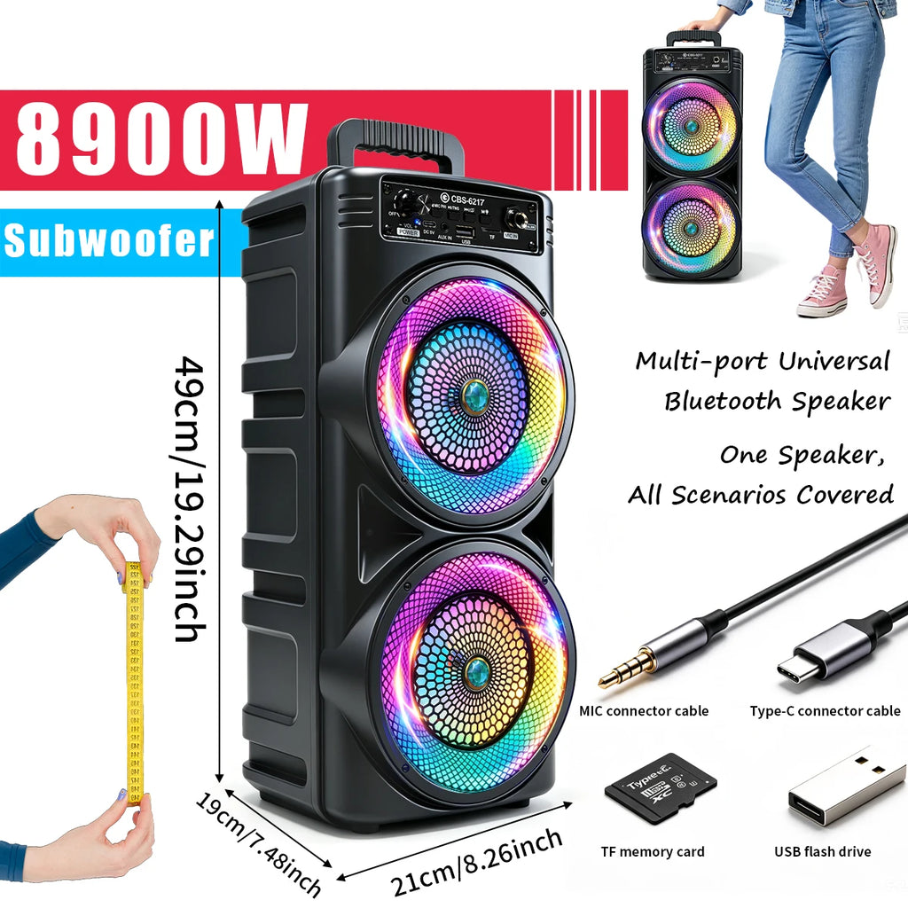 Portable  Bluetooth Party Speaker, Dual 6.5 Inch Big Subwoofer, Colorful RGB LED Light Effects, Wired Microphone, Bluetoo