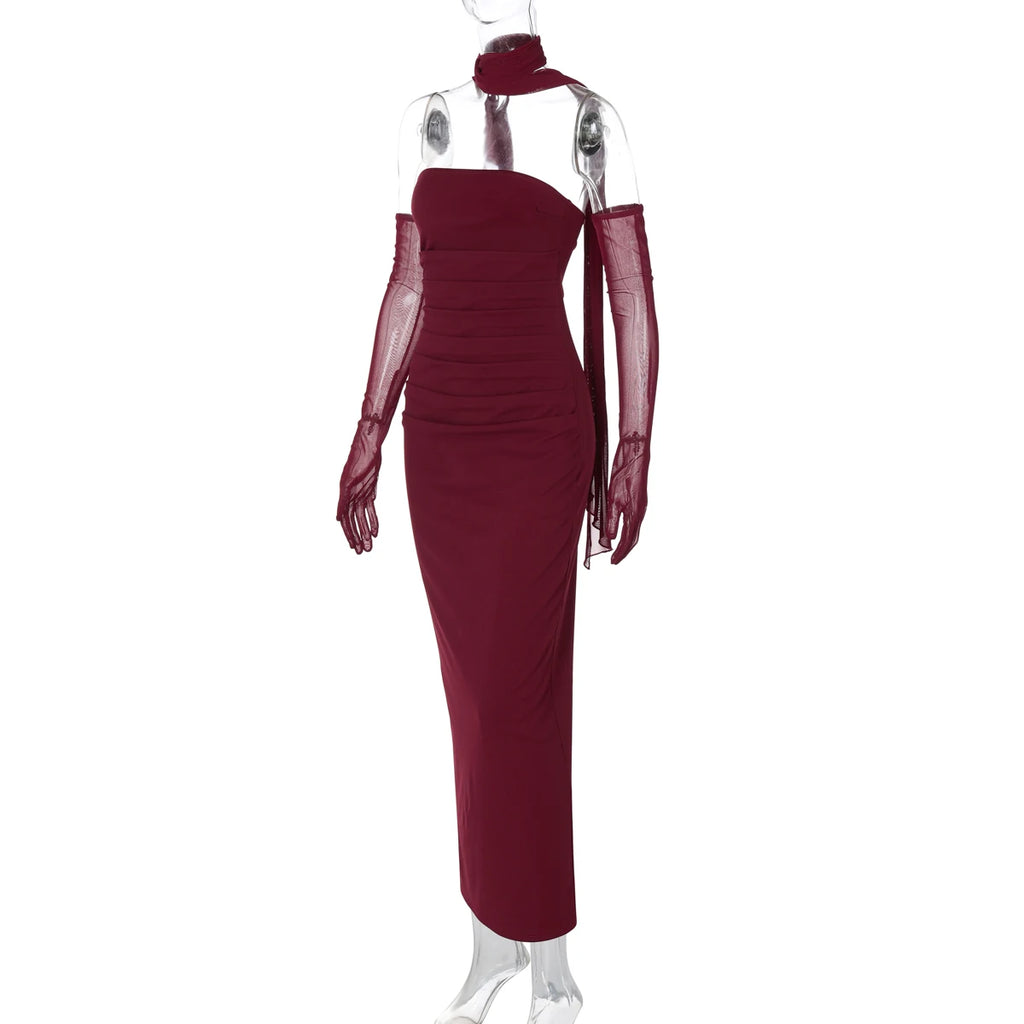 Hugcitar Elegant Scarf Strapless Solid Mesh Gloves Sexy Bodycon Maxi Prom Dress Women Fashion Y2K Outfits Wedding Party Birthday