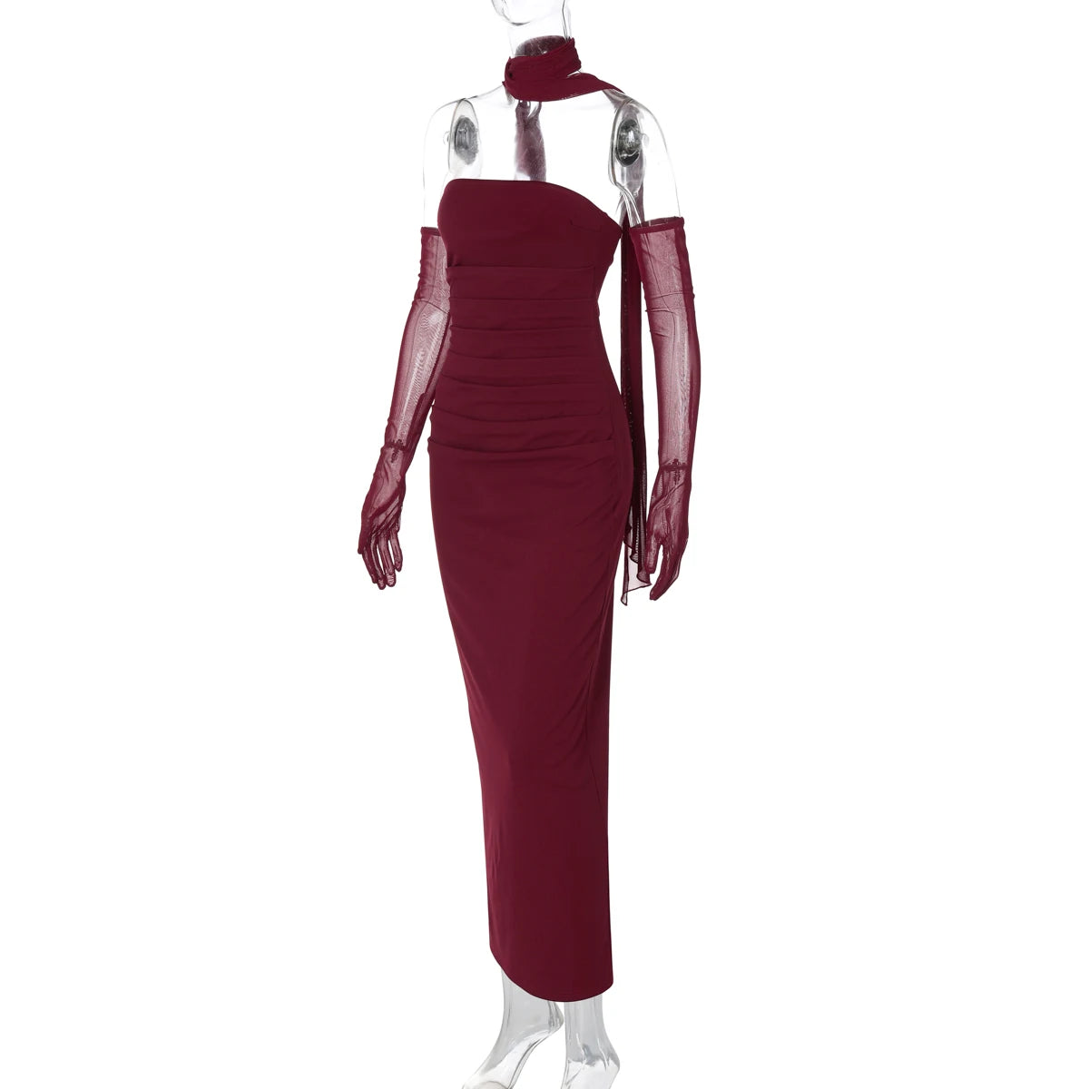 Hugcitar Elegant Scarf Strapless Solid Mesh Gloves Sexy Bodycon Maxi Prom Dress Women Fashion Y2K Outfits Wedding Party Birthday