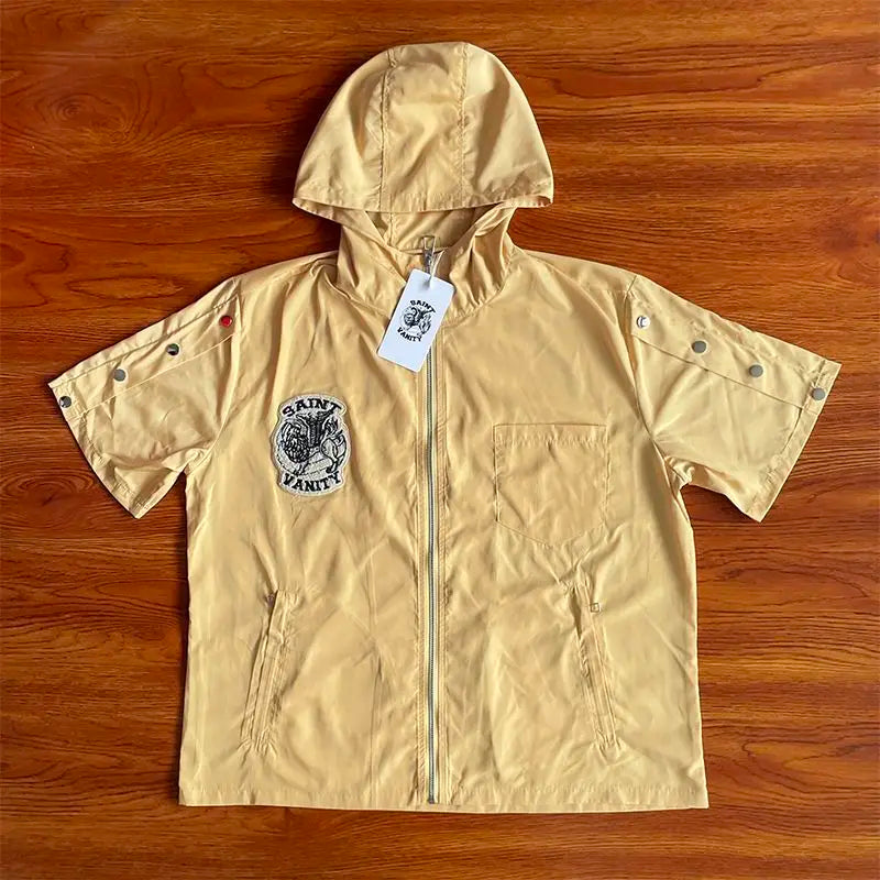 ST VANITY Embroidered Casual Sports Trench Coat with Hooded Short Sleeves