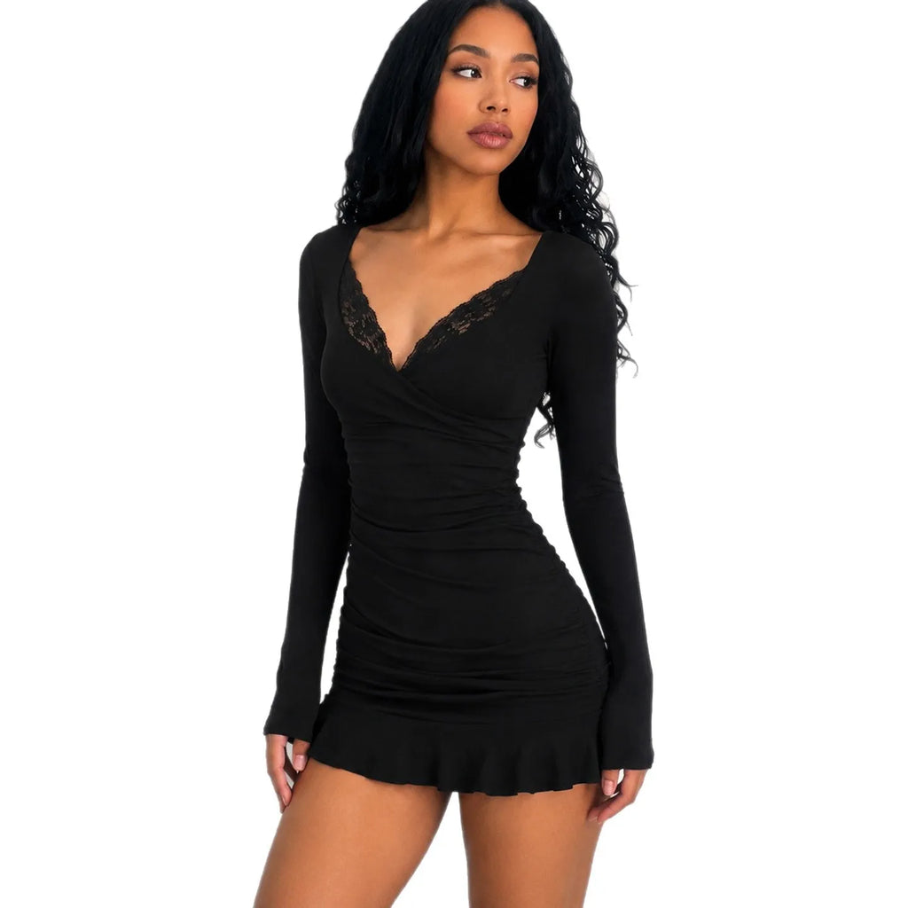 Fashionable Deep V-Neck Lace Panel Slim Fit Sexy Pleated Short Skirt Dress High Waist Milk Fiber Long Sleeve for Neutral Use