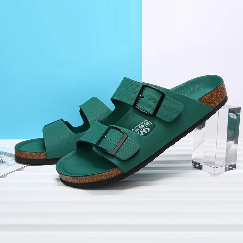 Summer Men Women Cork Slippers Clogs Microfiber Leather Slides Casual Slip On Sandal Double Buckle