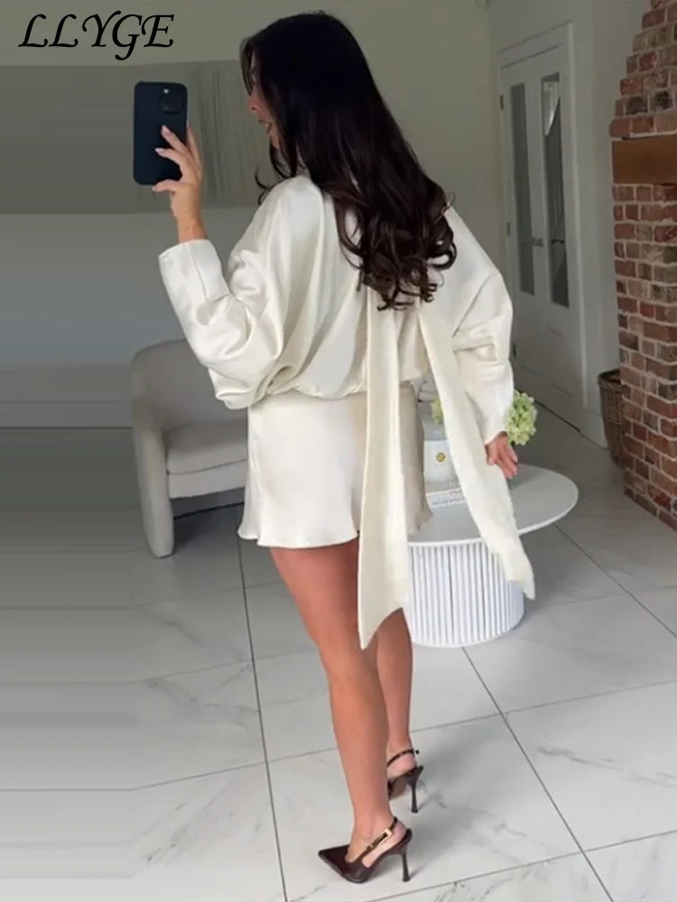 Elegant Lace Up Satin Short Dress Women Pleated Half High Collar Long Sleeve Female Dresses 2025 Autumn Lady Evening Robes