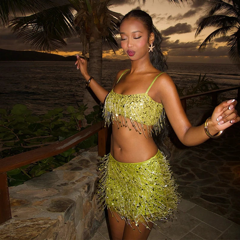 Sexy Tassel Sequins Vest Mini Skirt Women Crop Sling Vests Short Hip Package A-line Skirts 2026 Summer Lady Beach Party Outfits