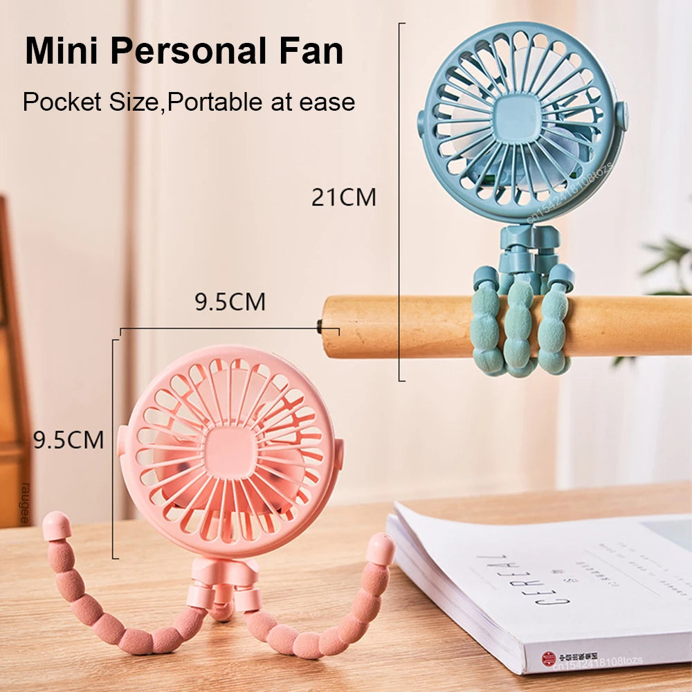 Baby Stroller Fan Folding Portable Octopus Mini Fan USB Rechargeable 3 Speed HandHeld Small Fan Flexible Tripod for Baby Outdoor