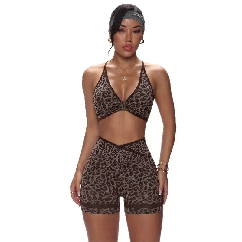 Women Seamless Leopard Print Yoga Outfit Cross Back Sports Bra and Biker Shorts 2 Piece Set Gym Workout Fitness Active Wear