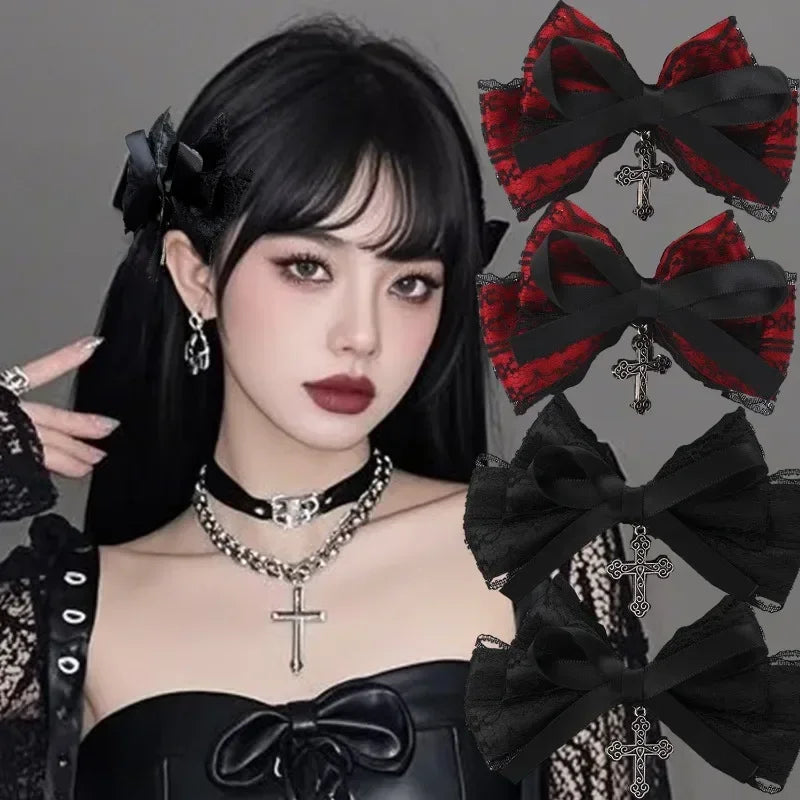 2pcs Gothic Girl's Street Exquisite Hair Accessories Fashion Bowknot Hair Clips Versatile Dressing Dark Style Bow Hair Clip 2025