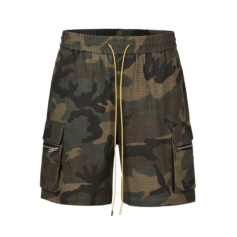 Men's Camouflage Shorts Multi Pocket Zipper Cargo Shorts Streetwear Elastic Drawstring Waist Shorts Male ﻿