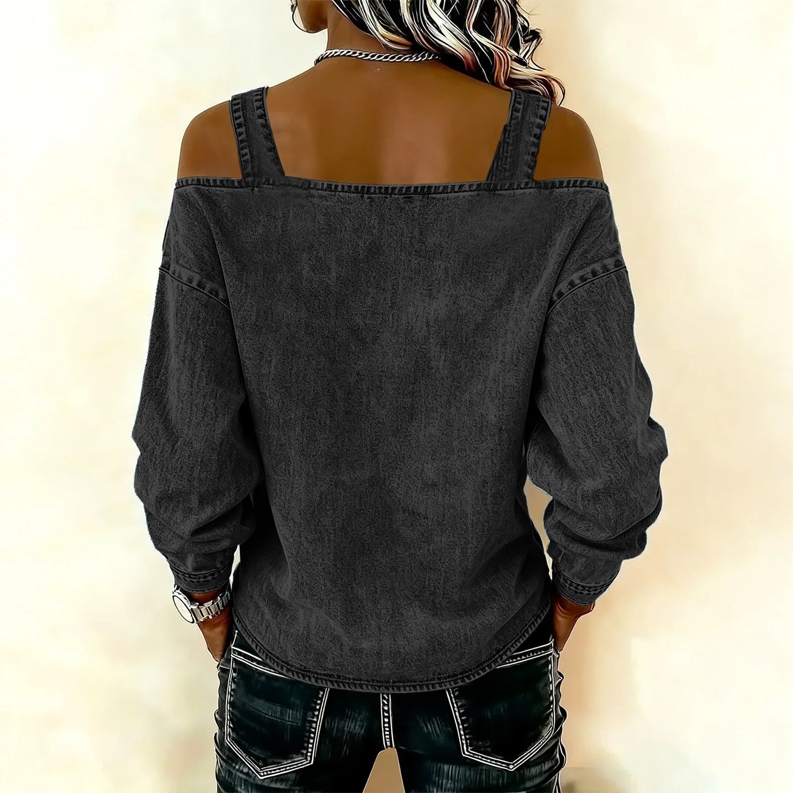 Women's Denim Top, Stylish Off-the-shoulder Long-sleeved Top with Shoulder Straps, Elegant and Versatile Denim Shirt, Streetwea