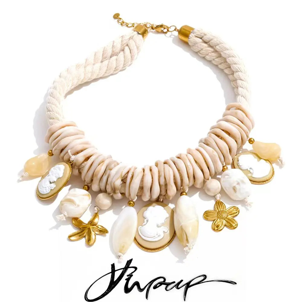 Yhpup 2026 Handmade Jewelry Rope Braided Resin Chain Portrait Flower Drop Charm Statement Necklace Exclusive Accessories