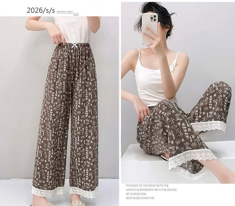 Women Pajama Printed Loose Night Bottoms Viscose Pants Female Outwear Pants Loungewear Home Pants 2026 New Summer Sleeping Wear