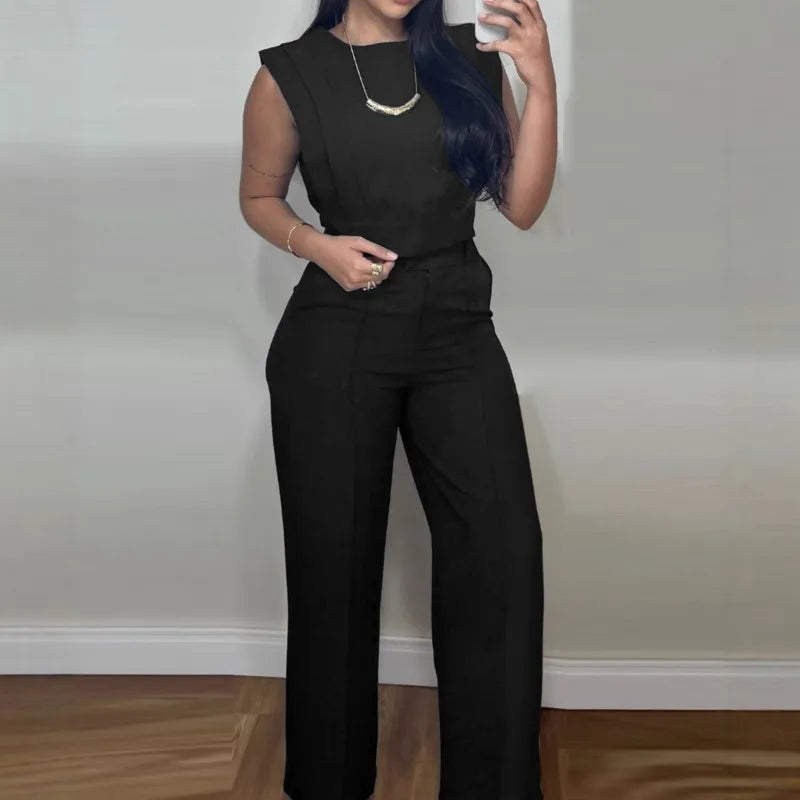 Fashion Solid 2 Piece Set For Women Casual Sleeveless O Neck Short Tops+High Waist Wide Leg Pants Sets High Street Clothes New